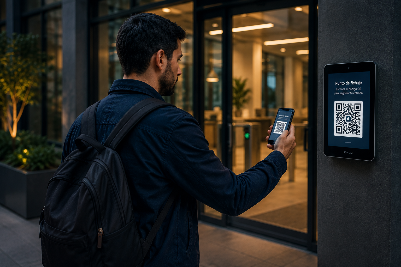 Empleado escaneando un código QR para registrar asistencia
