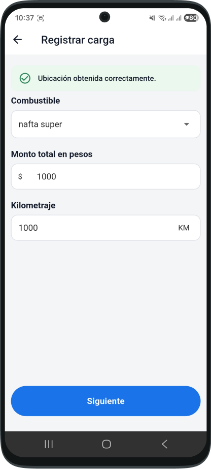 Pantalla m&oacute;vil para registrar una carga de combustible