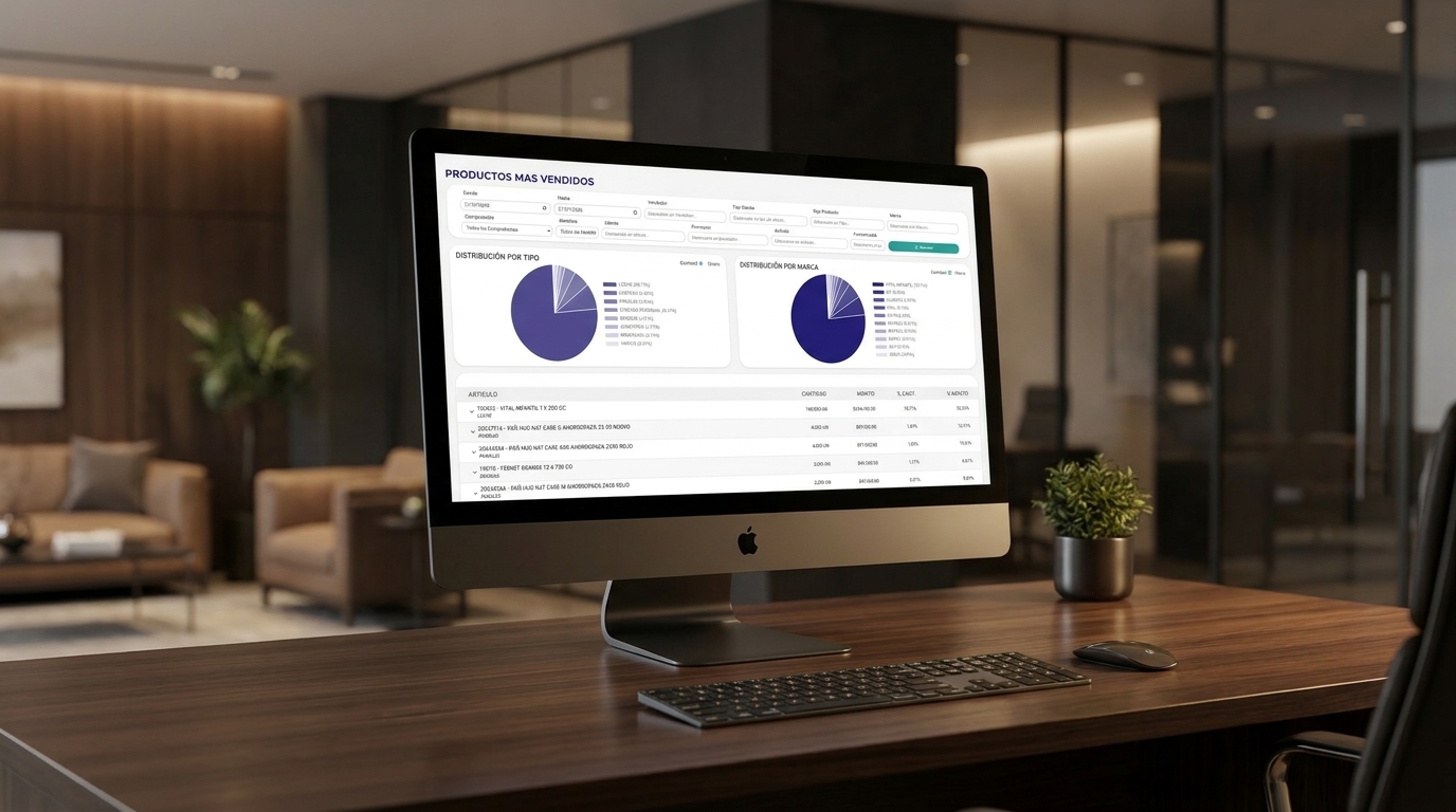 Dashboard de gestion comercial en una computadora de escritorio