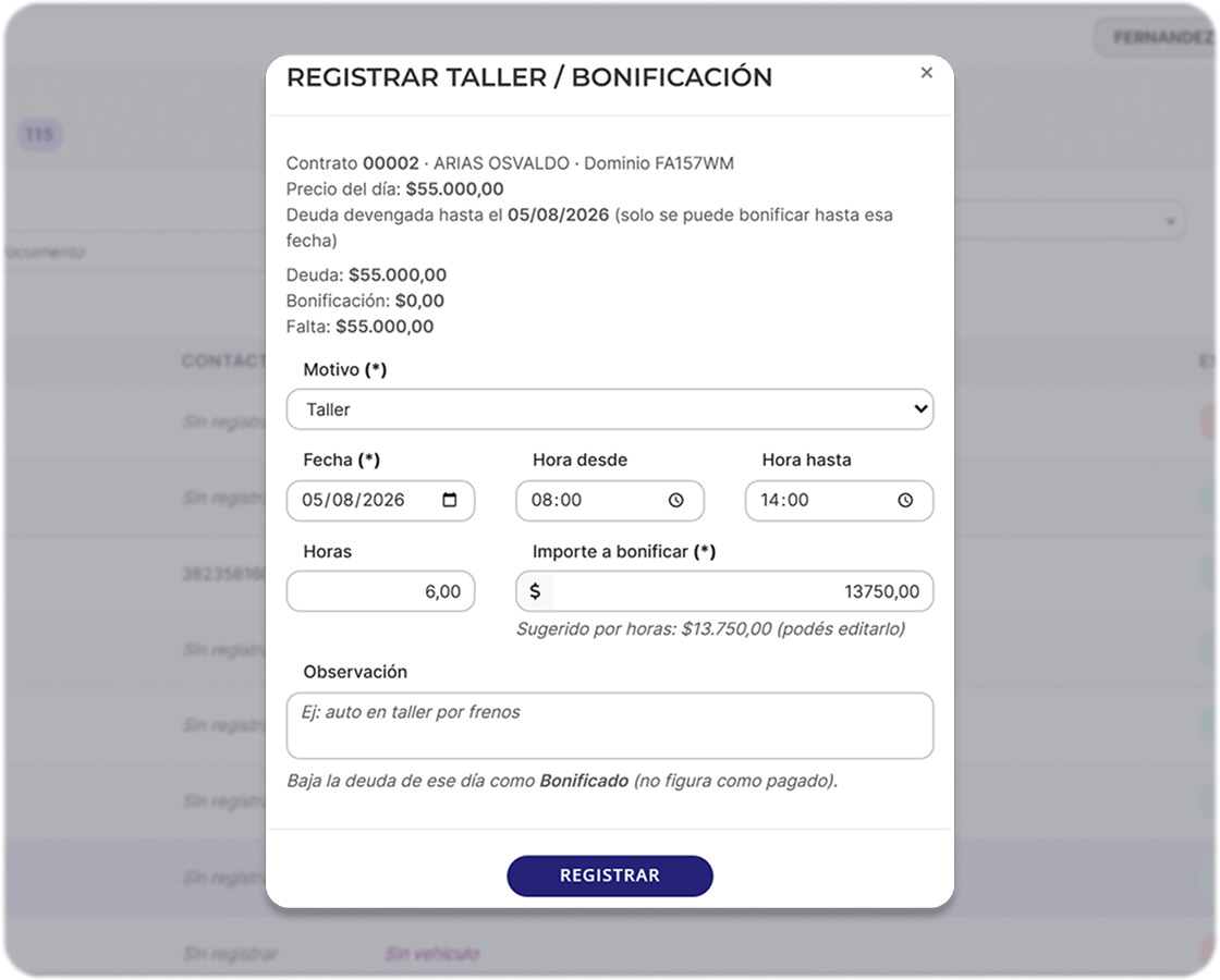 Modal para registrar taller o bonificación