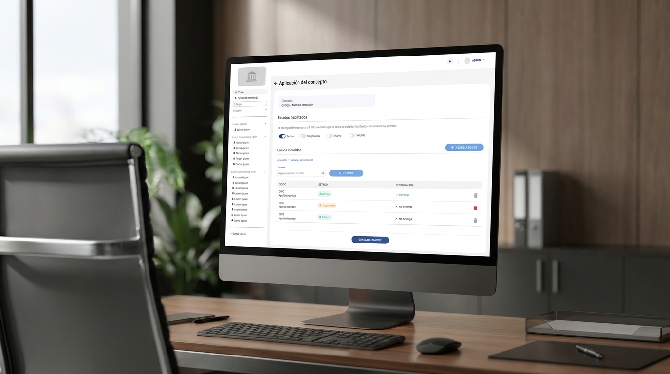 Plataforma de gestión de socios en una pantalla de escritorio