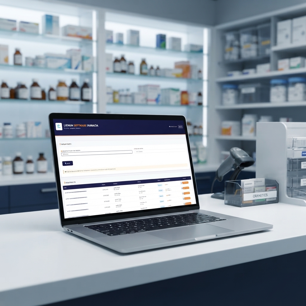 Repositorio medico digital en una notebook dentro de una farmacia